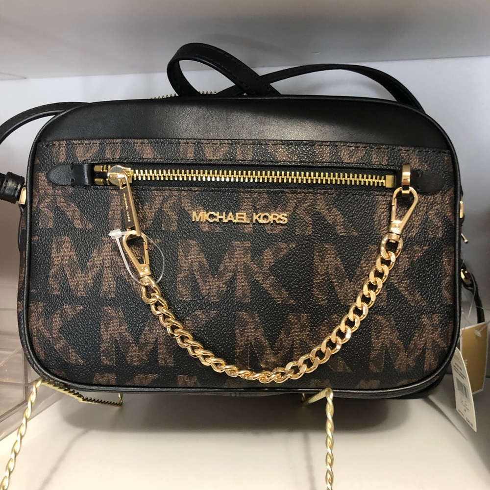 Michael Kors Black and Brown Crossbody Bag with Gold Accents
